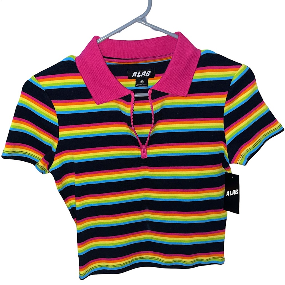 Cropped & Striped Zipper-Up Collar Tee! - NWT!